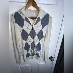 Tasso Elba Men’s Small Gray Blue Argyle 100% Cotton Knit 1/4 Zip Sweater Classic